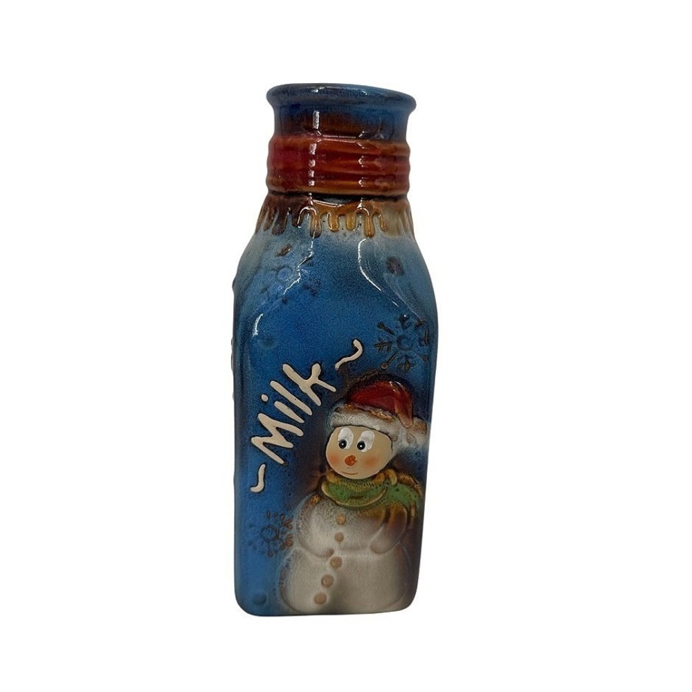 Snowman Decorative Ceramic Milk Bottle Christmas Holiday Decor 7" Vase